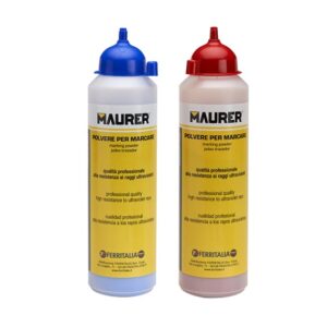 Flaconi da 400 g di polvere per marcare tracciatori Maurer nei colori blu e rosso con beccuccio dosatore