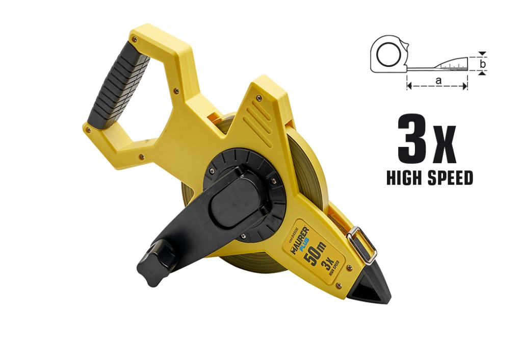 Rotella Metrica 50 Metri in Acciaio Maurer Plus 84506 Rotella metrica professionale aperta 50 metri Maurer Plus 84506 con nastro in acciaio smaltato e riavvolgimento rapido 3X