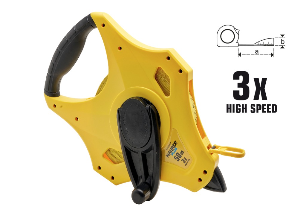 Rotella Metrica 50 Metri Fibra Vetro Maurer Plus 89818 Rotella metrica professionale aperta 50 metri Maurer Plus 89818 con nastro in fibra di vetro e riavvolgimento 3X