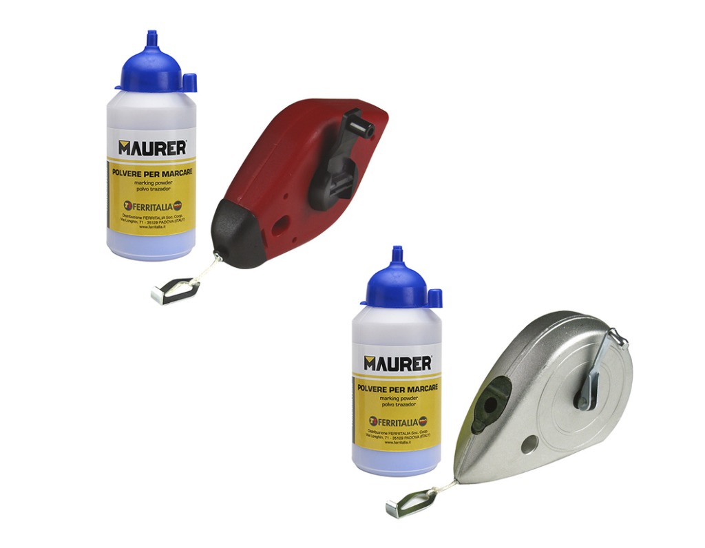 Tracciatore Traccialinee Maurer Plastica o Alluminio Kit tracciatore traccialinee a filo con flacone di polvere 100 g Maurer nelle versioni plastica e alluminio